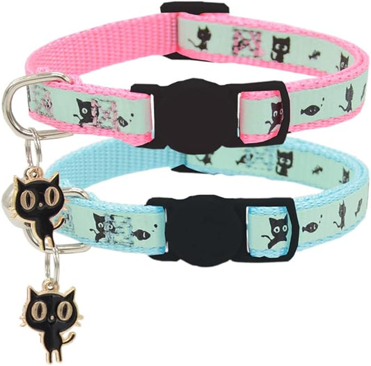 2 Pack Glow in The Dark Cat Collar with Bell Breakaway Safety Cat Puppy Collars with Pendant Light Blue and Pink