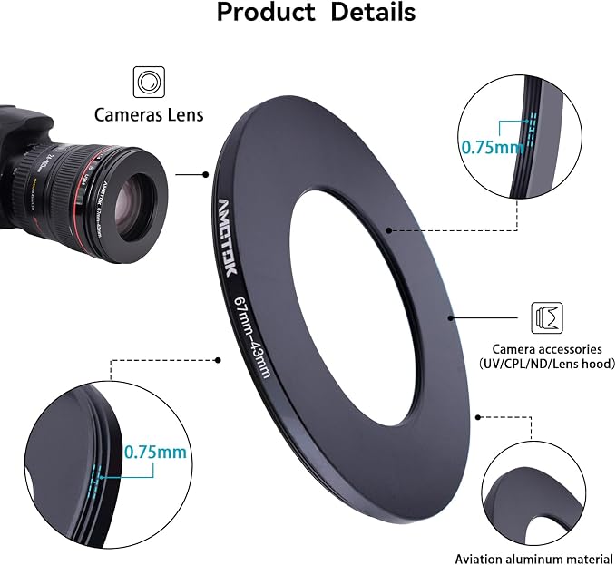 67mm Lens to 43mm Camera Lens Adapter, 67mm to 43mm Filter Step-Down Ring