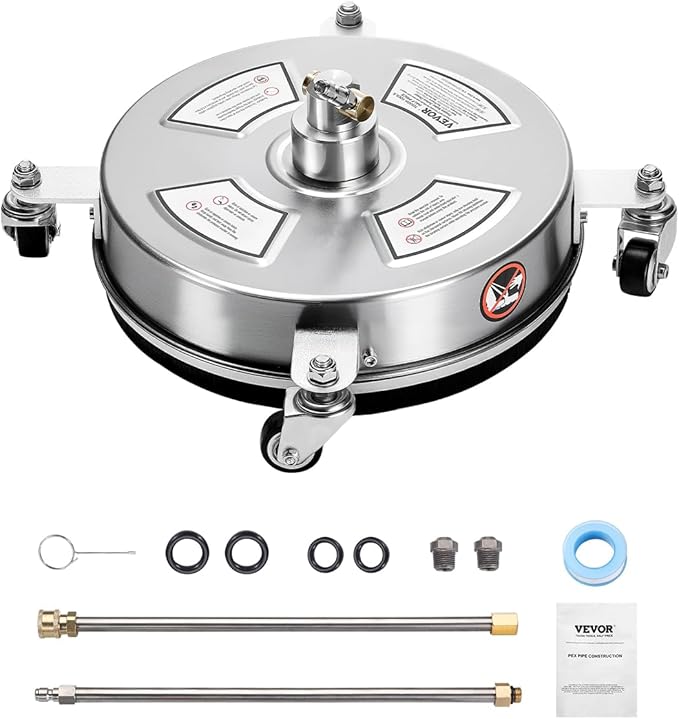 VEVOR 14 Inch Pressure Washer Surface Cleaner, 4000 PSI Stainless Steel Attachment with 4 Wheels, 2 Nozzles, 1/4 Inch Quick Connect and 2 Wands for Concrete, Patio, Deck