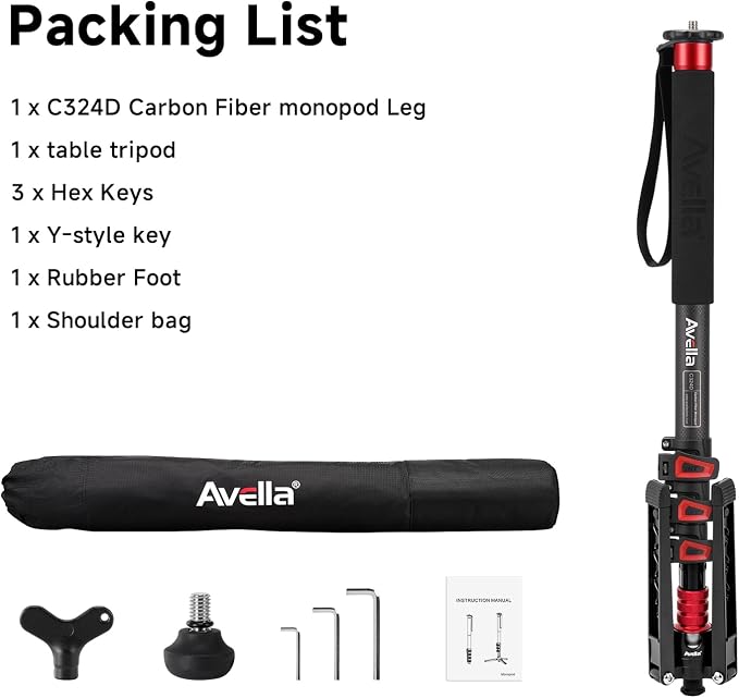 Avella C324D Carbon Fiber 67 Inch Camera Monopod Professional Telescopic Video