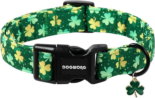 DOGWONG St Patrick's Day Dog Collar-Cute Green Clovers Dog Collars, Adjustable Shamrock Pet Collars Trefoil Puppy Collars with Quick Release Buckle for Girl&Boy Dogs,L