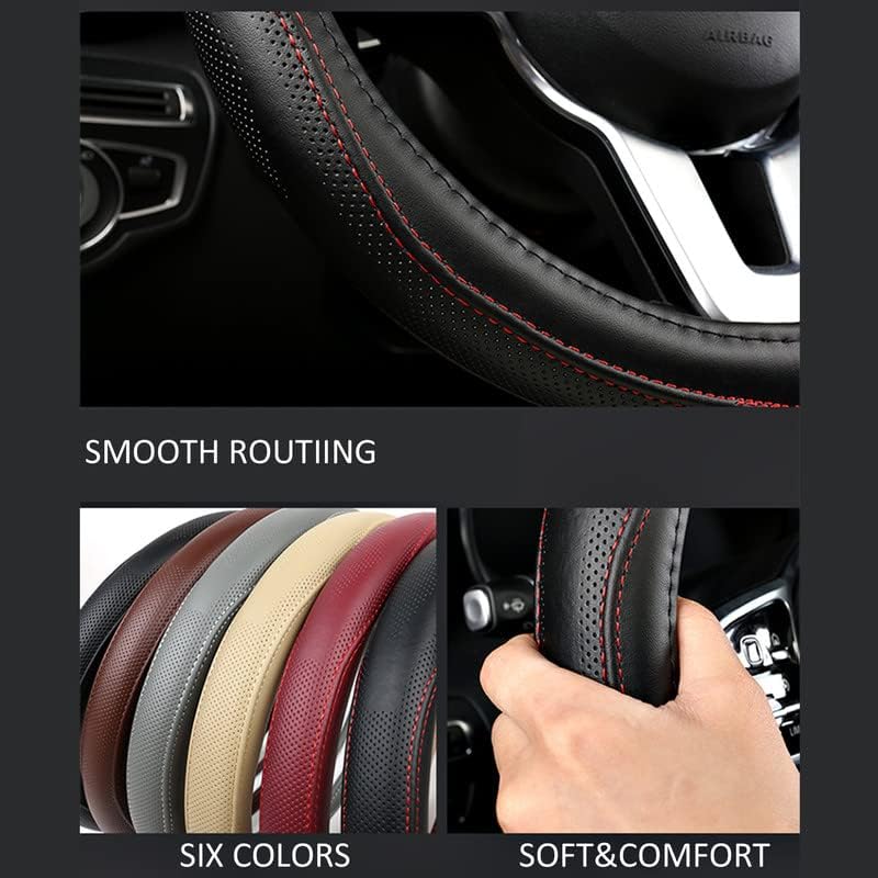 Cowhide Steering Wheel Cover Heat Resistant Anti-Slip Car Wheel Wrap Compatible with Most Makes and Models of Cars and Trucks with 14.5 to 15 Inch Steering Wheel(RED)
