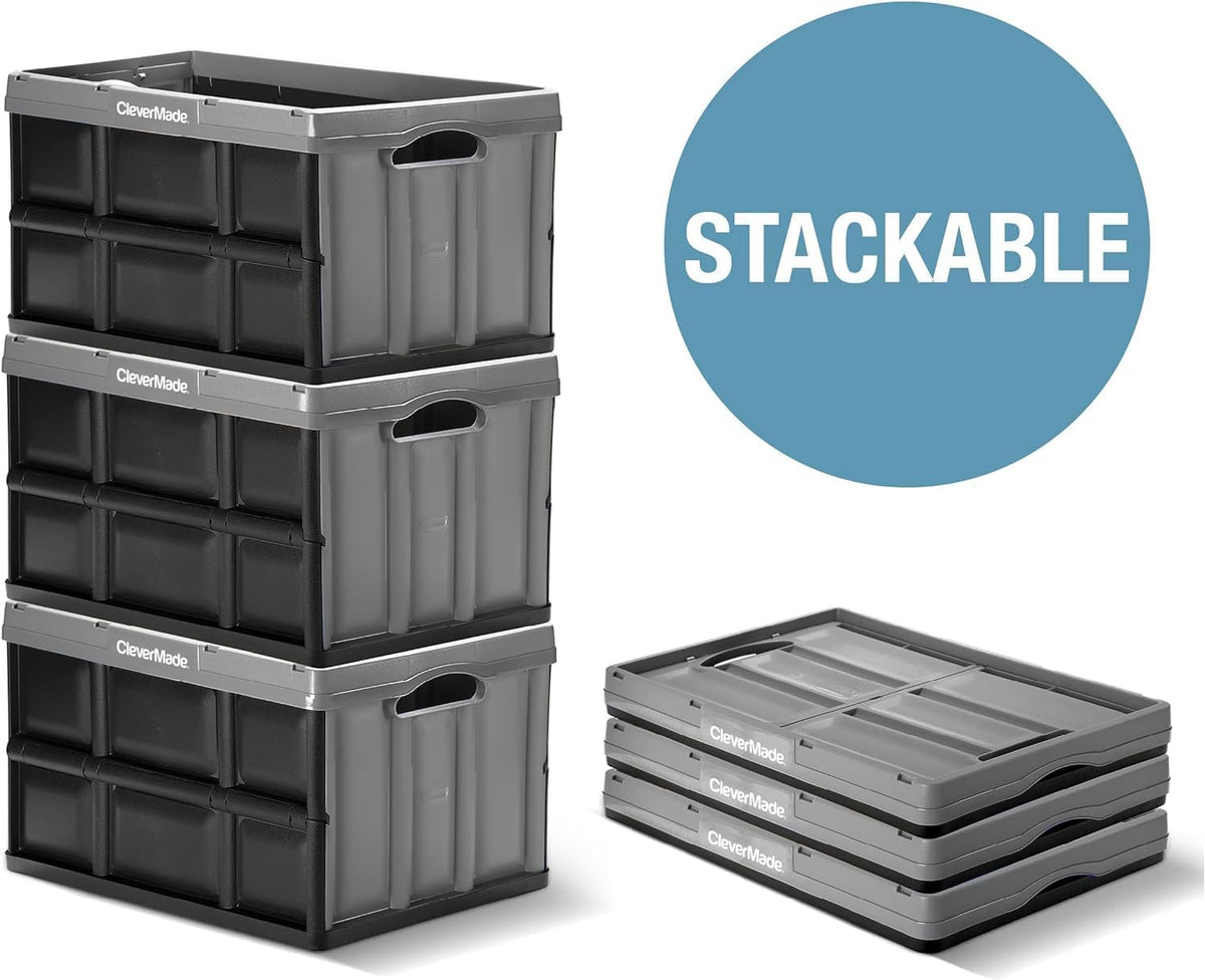 CleverMade Collapsible Storage Bins, 32L 3 Pack, Durable Plastic, Stone | Built-in handles simplify garage, car and household organization, while the roomy open-top keeps bulky supplies accessible