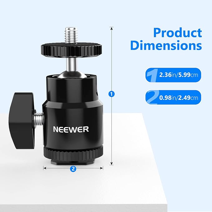 Neewer Mini Ball Head with Cold Shoe & 1/4” Screw, 2 Pack, 360° Swivel 90° Tilt