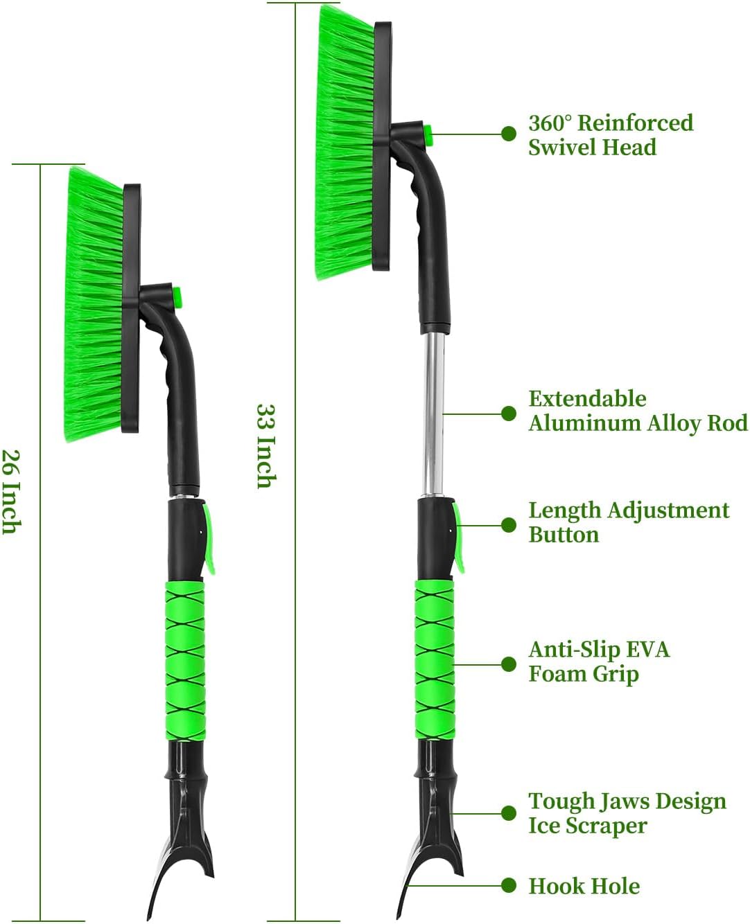 SEAAES 33 Inch Ice Scraper with Snow Brush for Car Windshield, Extendable Snow Scraper and Brush with Foam Grip for Truck SUV Vehicle Window - Green