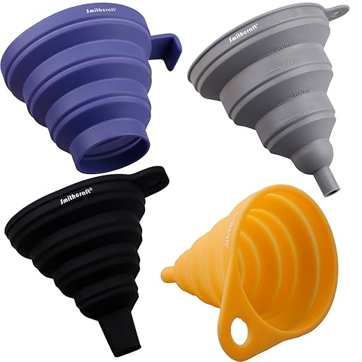 Smithcraft Funnel Set 4, Silicone Funnels for Kitchen, Collapsible Funnels for Water Bottle, Liquid Transfer Folding Camping Funnel with Narrow and Wide Mouth