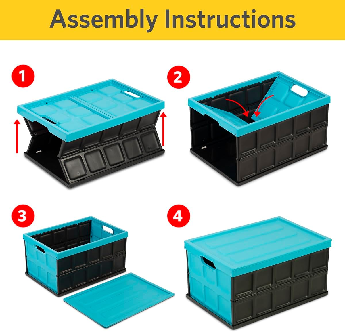 Glad Collapsible Storage Bin with Lid - 48L Foldable Plastic Box for Garage, Car Trunk, and Organization - Stackable Lidded Container with Handles, Turquoise
