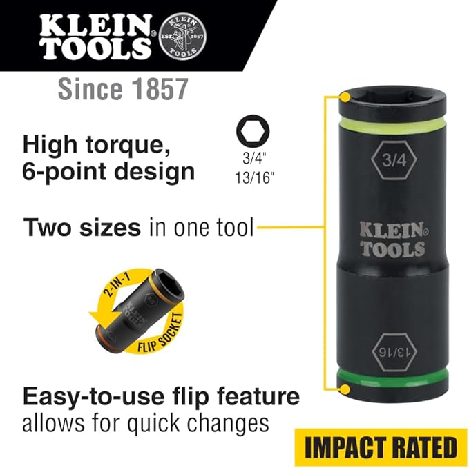 Klein Tools 66074 Impact Driver Flip Socket, 3/4- and 13/16-Inch Sizes, Use with Klein Tools Compact Impact Wrenches BAT20CW, BAT20CW1