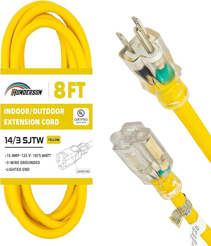 Indoor Outdoor Extension Cord Weatherproof with Lighted End, UL Certified, 14 Gauge 8FT Yellow 3 Prong Heavy Duty, 14/3 SJTW 15A Power Cord for Outdoor Lights, Lawn