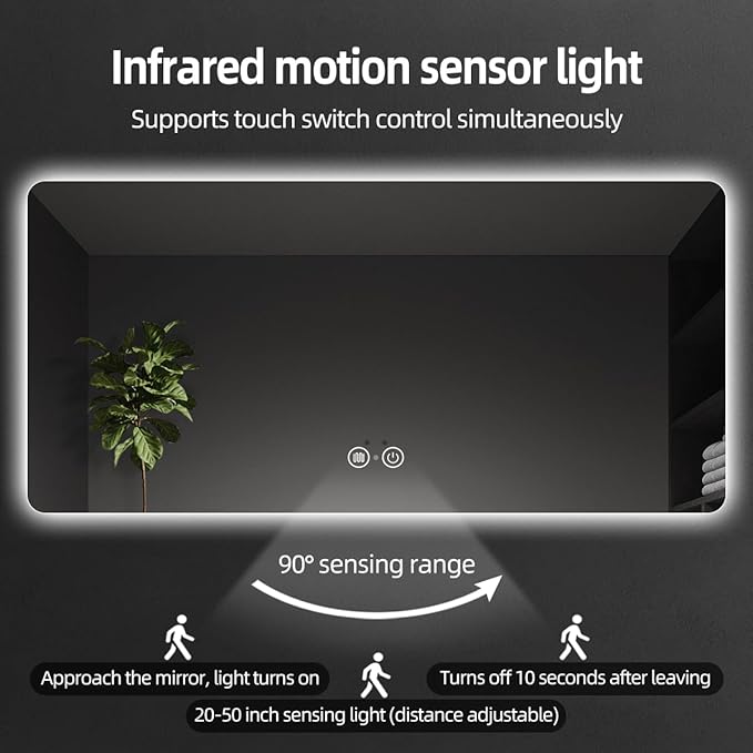 LED Bathroom Mirror with Lights, Backlit, Frameless, 36"x24" Smart Bathroom Mirror with Auto Sensor Lights, Anti-Fog, Bathroom Wall Mounted Mirror, Shatter-Proof, Stepless Dimmable, Memory