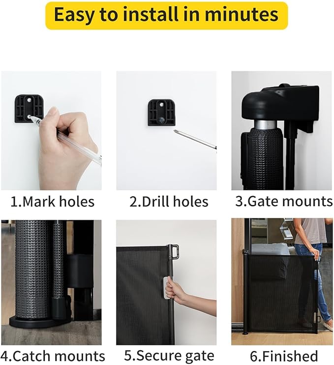 Retractable Baby Gate for Stairs – 33” Height, Expands up to 55” Width – Safety Gate for Infants, Toddlers, Dogs & Pets – Easy Install, Secure Closure, Black Mesh Design for Indoor & Outdoor Use