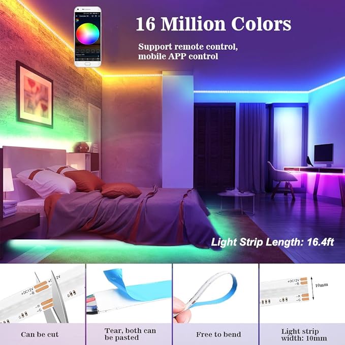 INDARUN RGB COB Led Strip Light 16.4FT/5M, 576Leds/M, 24V Color Changing Led Strip Lights Dimmable with APP Control, Music Sync, Alexa/Google Compatible, Flexible Led Tape Light for Room Decor