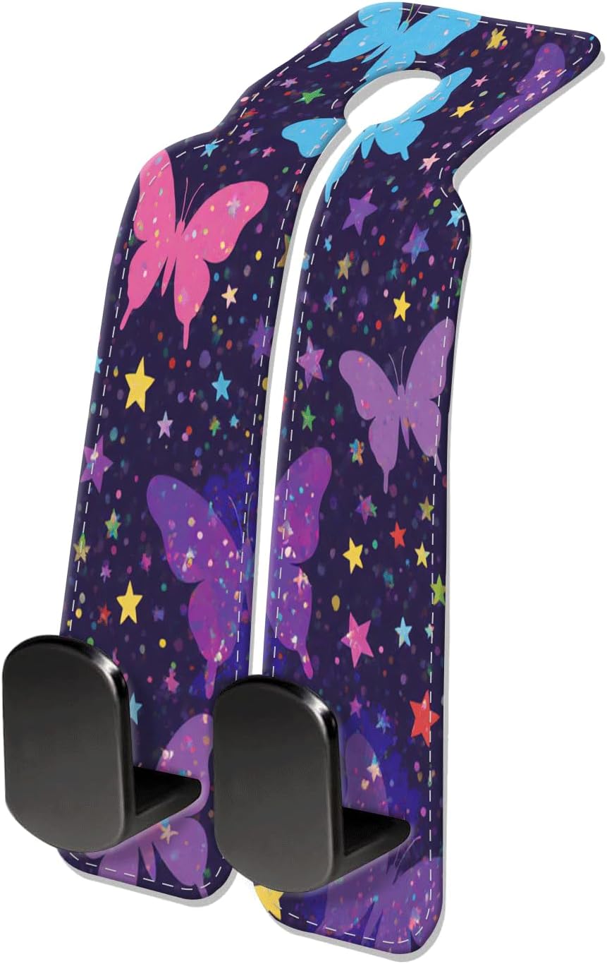 Car Seat Headrest Hook, Universal Leather Cute Hanger Holder Hook, Storage Organizer Interior Accessories for Purse Bags Handbag Purple Cute Butterfly