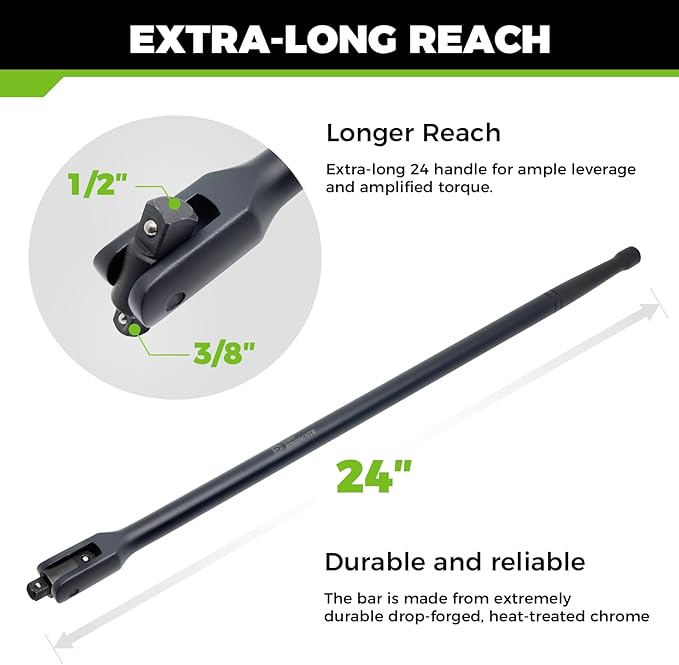 Dual Drive Breaker Bar, 3/8" & 1/2" Drive, Heavy Duty Breaker Bars, 24-inch Length with 360° Rotatable Head, Spring-loaded Detent Ball, Chrome Vanadium Steel Made With Black Powder Coating