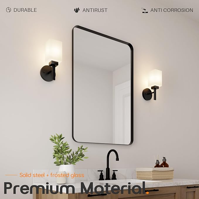 Wall Light Fixture Black Vanity Lighting Over Bathroom Mirror with White Frosted Glass, Wall Lamp for Hallway Washroom Porch Entrance T002MB-L1