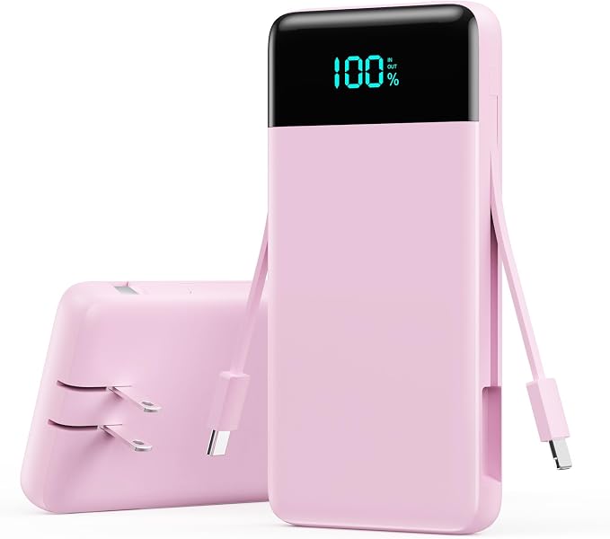 Portable Charger with Built-in AC Plug and Cables,13800mAh All in One USB C Fast Charging Power Bank,Travel Essentials Portable Phone Charger Battery Pack for iPhone 17/16/15/14/13,Galaxy,Android-Pink