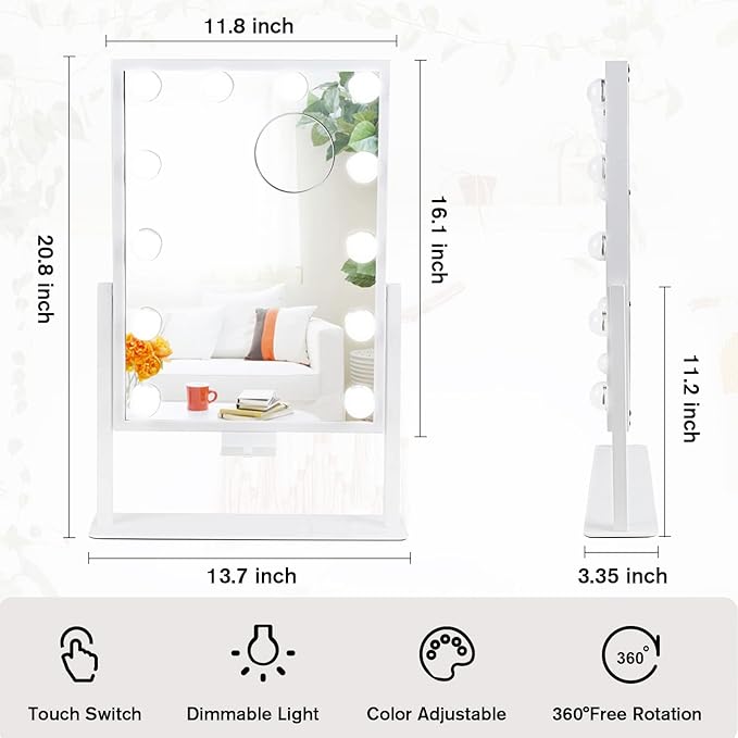 Vanity Mirror with Lights, Hollywood Lighted Makeup Mirror with Phone Holder, Smart Touch Control, 3 Color Lighting Modes, Detachable 10X Magnification, 360°Rotation(White)
