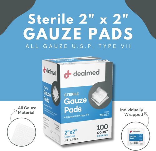 Dealmed Sterile Gauze Pads - 2" x 2" Disposable & Individually Wrapped (100 Count) for First Aid Kits