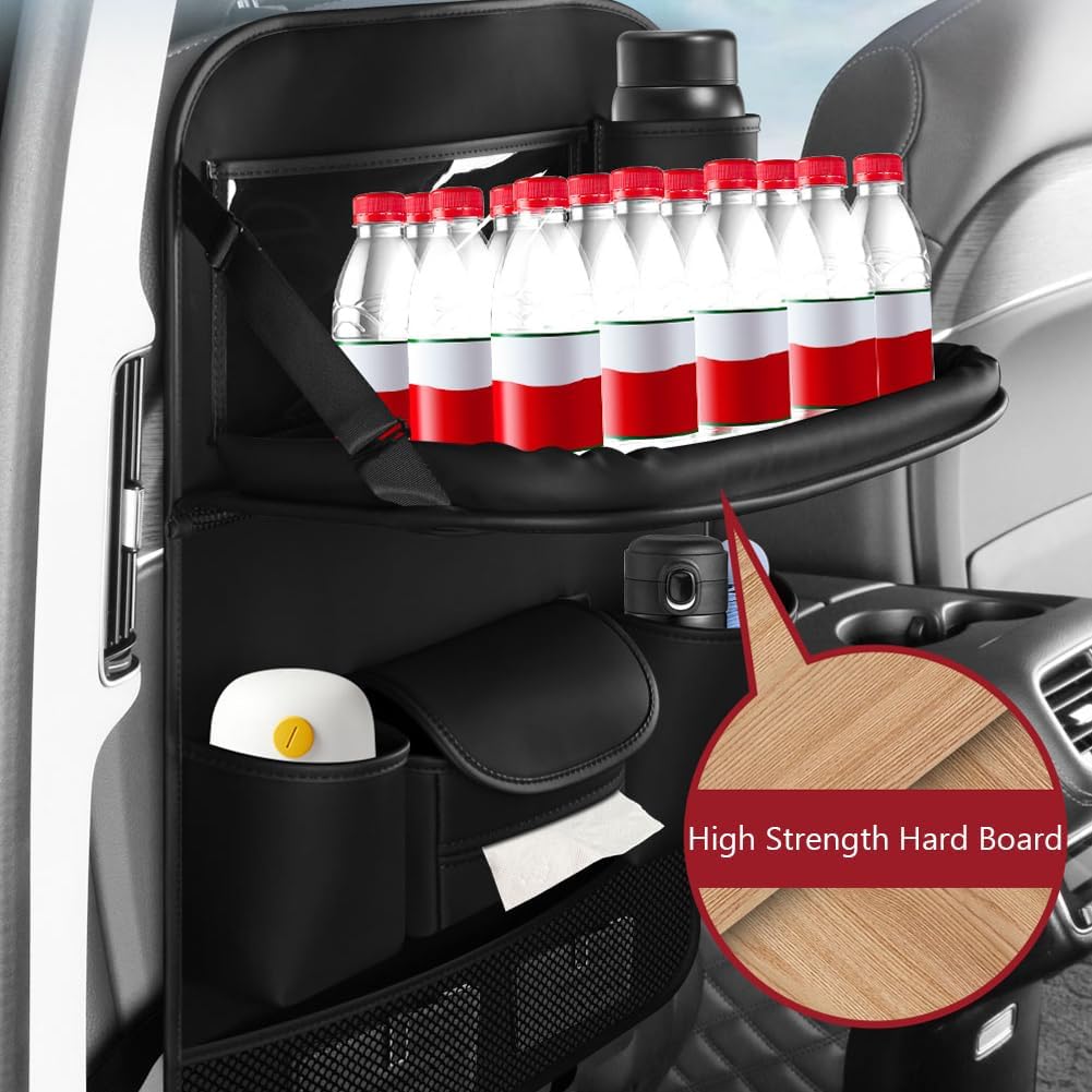 2PCS Car Backseat Organizer Seat Back Protectors Kick Mats with Foldable Table Tray, PU Leather Car Storage Organizer with Tablet Holder, Car Tissue Holder Kids Toys Storage Travel Accessories (Brown)