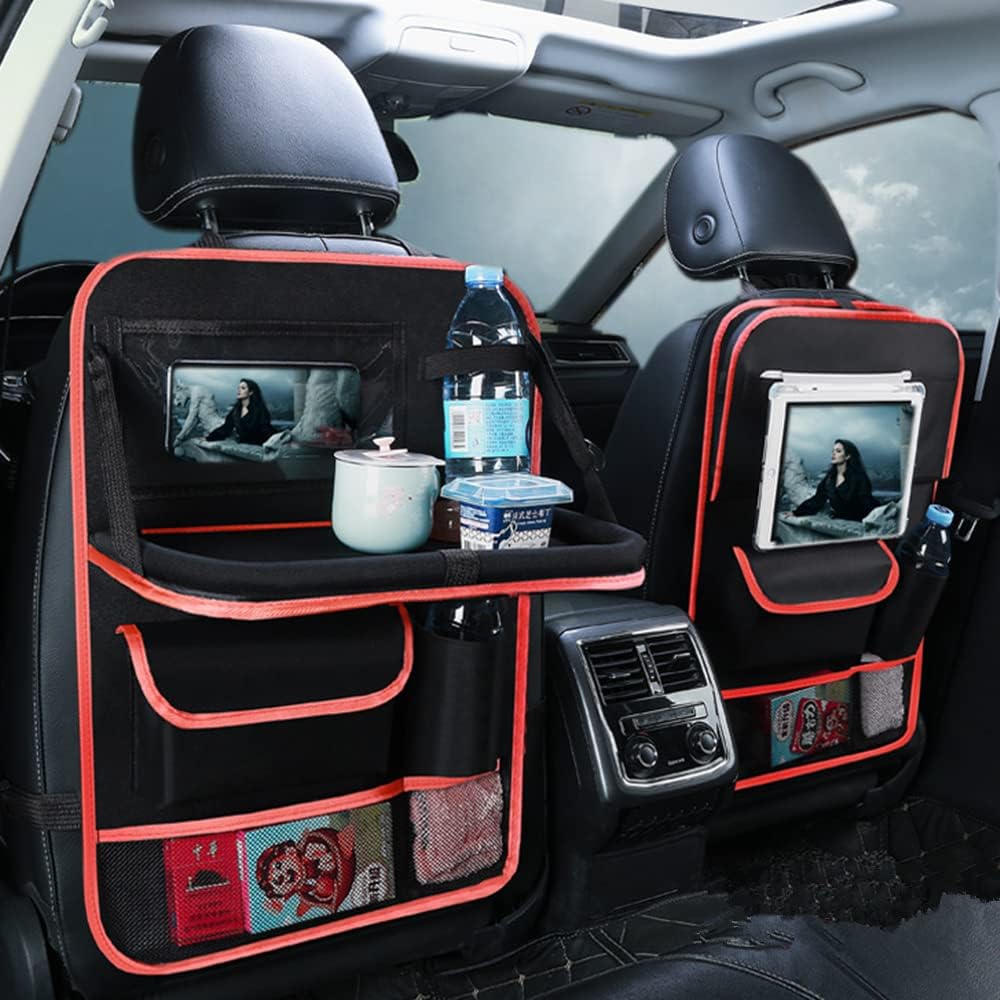Tumecos 2 Pack Car Seat Back Organizer and Storage with Touch Screen Tablet Holder, Kick Mats, Back Seat Protector (black&red)