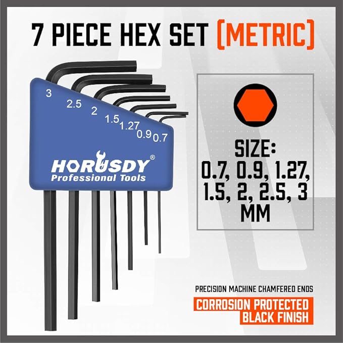 SEDY 7-Piece Mini Hex Key Metric Set, L Shape Allen Wrench, 0.7mm, 0.9mm, 1.27mm, 1.5mm, 2mm, 2.5mm, 3mm, Cr-V