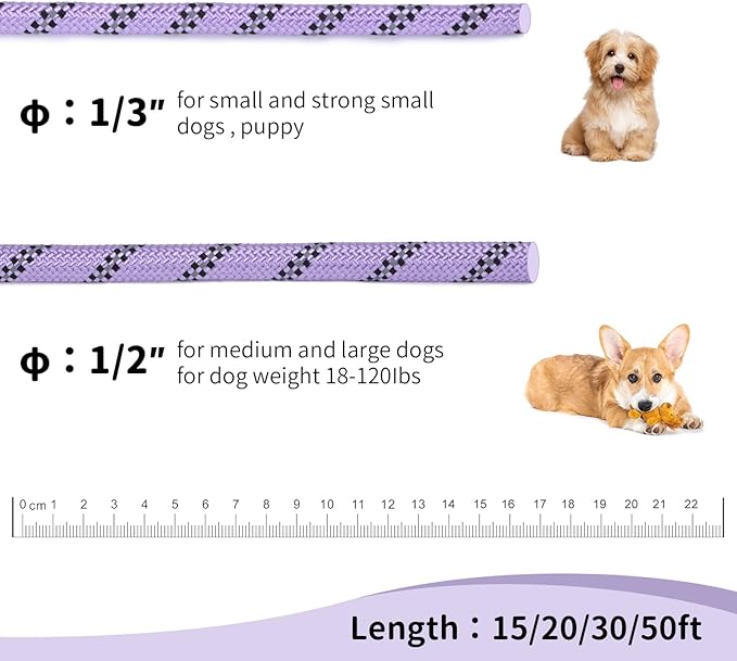 Long Dog Leash for Training 20Ft-Reflective Nylon Rope with Swivel Hook-Recall Agility Lead for Large Small Medium Dogs Outside Walking Hiking-Purple Diam 1/2"