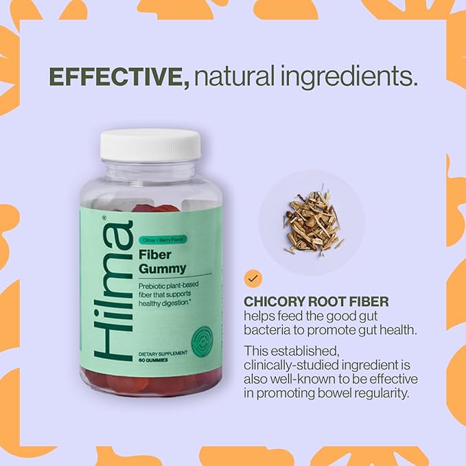Hilma Prebiotic Fiber Gummies, Daily Fiber Supplement, Gummies for Adults, Supports Gut Health for Women and Promotes Regularity, Citrus and Berry Natural Flavor, FSA Eligible, 60 Count