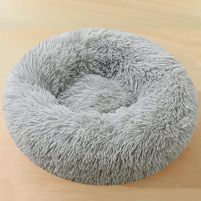 Large Calming Dog Bed, 47 Inch Anti-Anxiety Donut Dog Cuddler Cat Bed, Warming Cozy Soft Dogs Round Bed, Fluffy Faux Fur Machine Washable Pet Cushion for Medium Large Dogs & Cats (Light Grey)