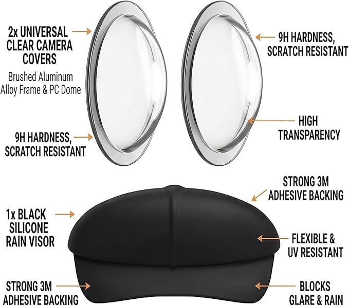 Universal Backup Camera Rain Shield, Debris Protector & Clear Lens Cover Combo