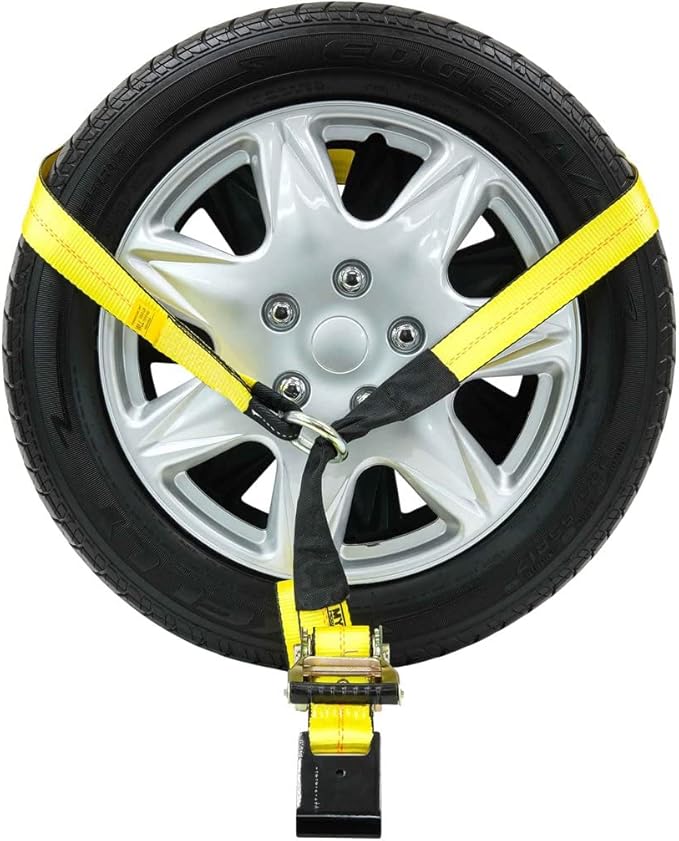 Mytee Products 4 Pack 2" x 168" Car Tie Down Straps for Trailer with Flat Hook - 3333 LB WLL Lasso Style Tire Straps for Car Trailer with Ratchets - Vehicle Tie Down Wheel Straps for Hauling Cars