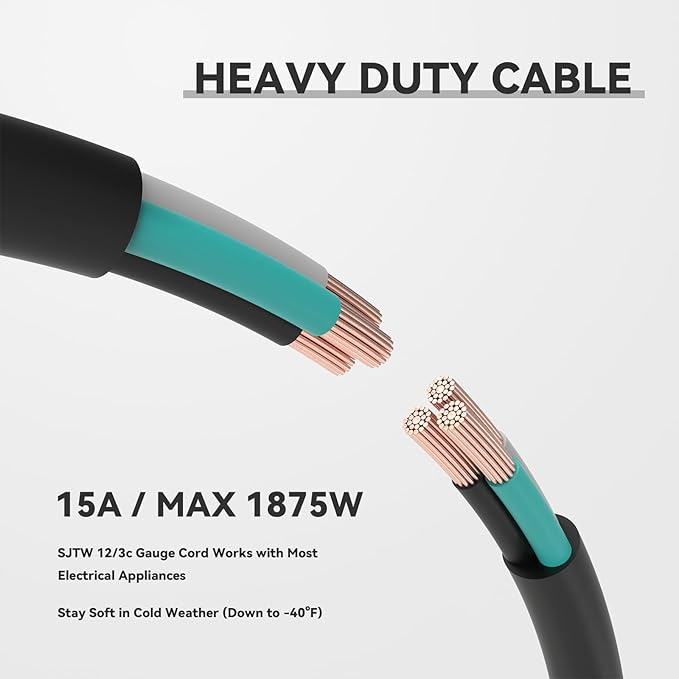 25 FT Outdoor Heavy Duty Extension Cord - 12/3 SJTW 15 AMP Indoor Power Cord with 3 Prong Grounded Plug for Lawn Mower, Appliances, Workshop, Lights Water Resistant Flexible Cable Black.