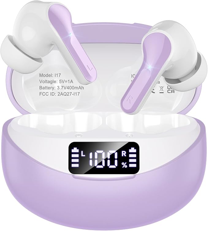 Wireless Earbuds, Bluetooth 5.3 Headphones HiFi Stereo 50H Playback LED Digital Display Ear Buds with ENC Noise Canceling Headset, IPX7 Waterproof Earphones for Gym/Running/Work(Light Purple)