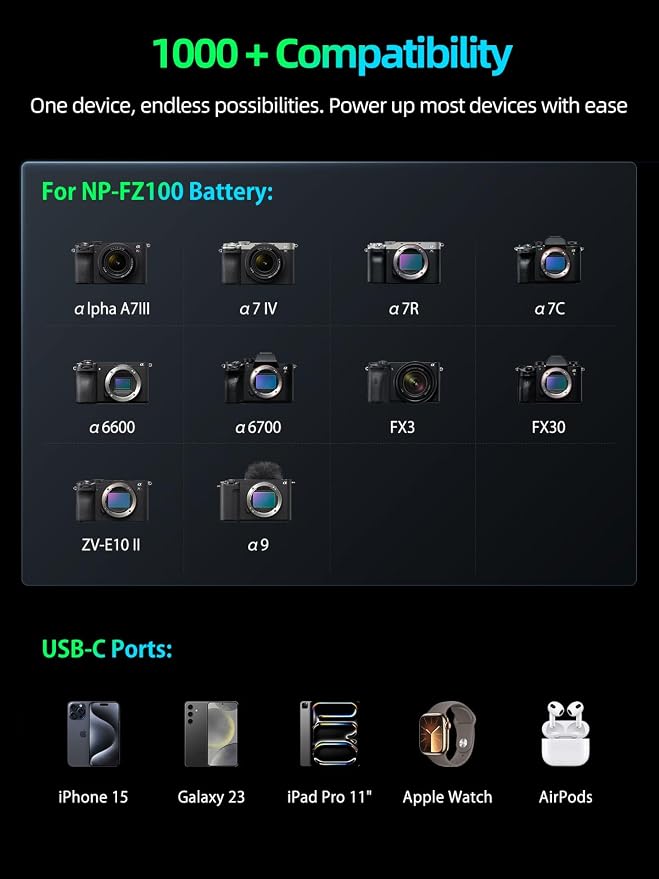 llano 2-in-1 NP-FZ100 Fast Camera Dual Battery Charger