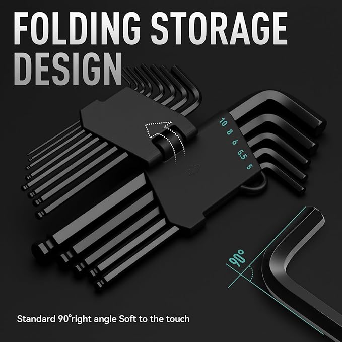 DISEN 13 Pieces Hex Key Allen Wrench Set Metric Size with Ball End, 1.27-10 MM, Long Arm Ball Design, Chrome Vanadium Steel