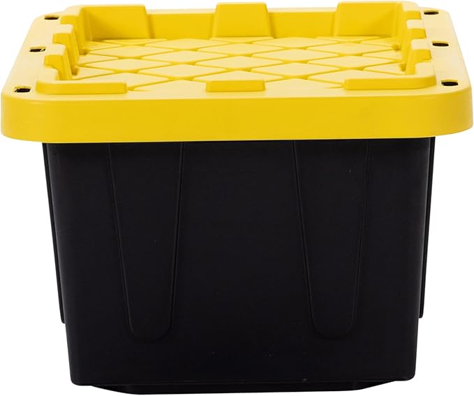 Plastic 5-Gallon Storage Tote with Lockable Lid, Stackable Tough Regular-Duty Bin for Garage, Tools, and Home Organization (4-Pack) - Black and Yellow