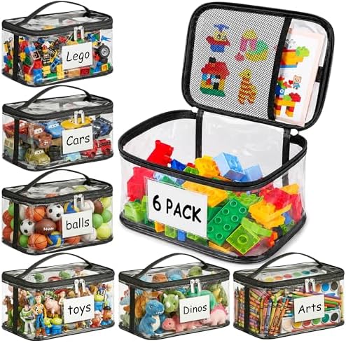 Clear Storage Bags, 6 Pack - Zippered Small Organizers For Toys, Puzzles, Blocks, Craft Supplies, Durable Puzzle Zipper Case Containers for Organizing, Travel, Seasonal, Kids Room Bag Organizer