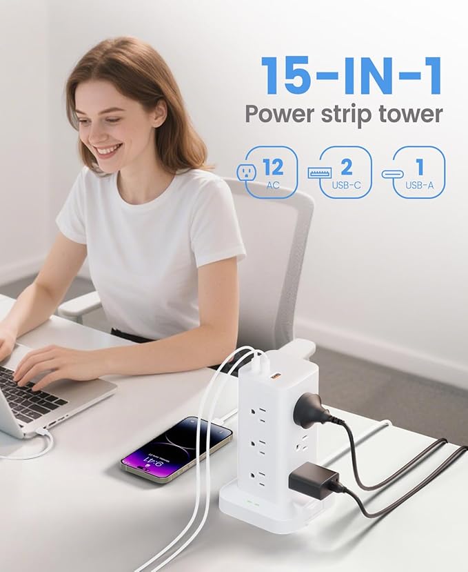 Power Strip Tower with Surge Protector 1800J, Fast Charging Tower PD20W USB-C Ports with 12 AC Outlets, 6ft Extension Cord for Home Office Dorm Room, White