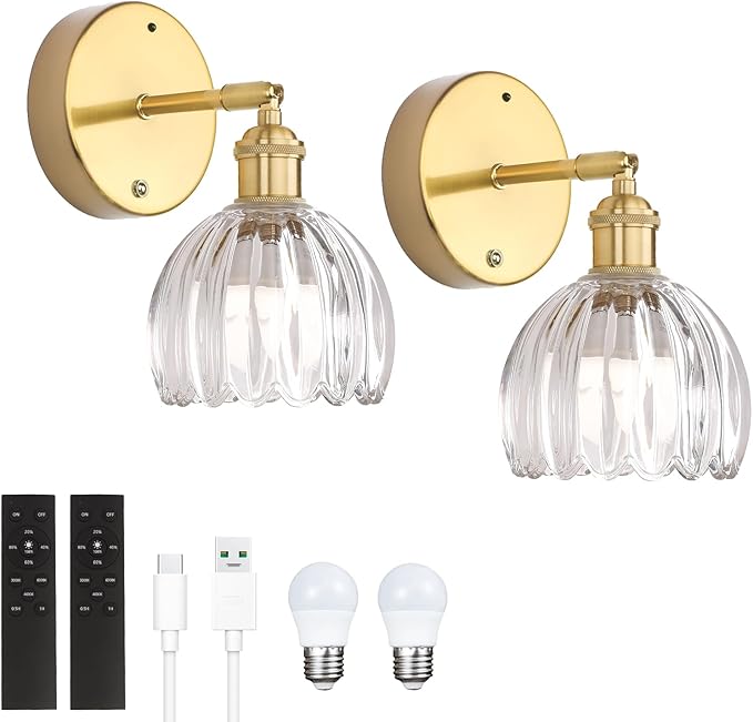 Battery Operated Vintage Wall Sconces with Transparent Tulip Glass Lampshade Battery Powered Wall Lighting for Bedside Bedroom Doorway, Set of 2