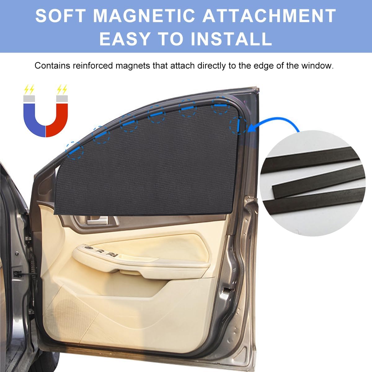 2PCS Car Window Shade, 19.3"×29.1" Magnetic Auto Front Side Window Cling Sunshade, Car Window Screen for Sun, Glare and UV Rays Protection, Vehicle Sun Shades for Baby