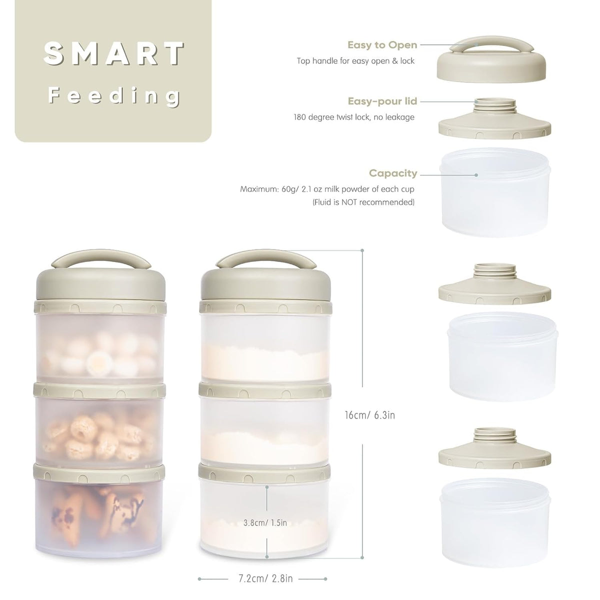 Termichy Stackable Formula Dispenser Portable Milk Powder Container, 2 Pack, Warm Grey