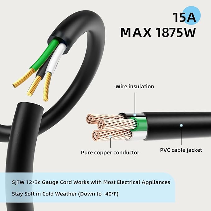 EP 12/3 8 FT Indoor Outdoor Black Extension Cord Waterproof, 12 Gauge 3 Prong Power Cord Flexible Resistant Appliance Extension Cable Electric Cable Outside, 15A 1875W 12AWG SJTW, ETL Listed