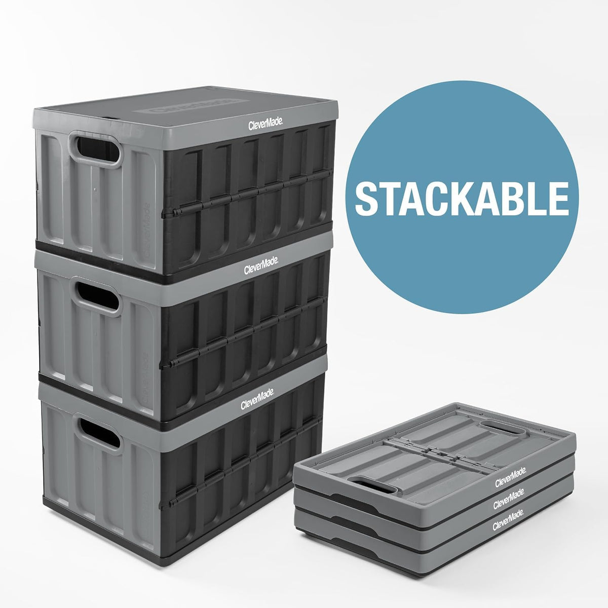 CleverMade Collapsible Plastic Storage Bins with Lids, 46L 3 Pack, Stone | Integrated grips simplify carrying through garages, closets and trunks, with a stack-ready shape that keeps supplies orderly