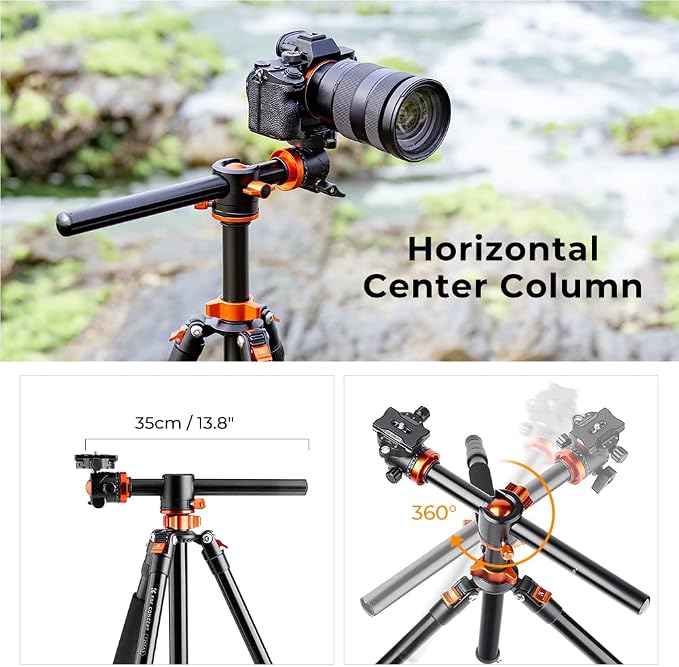 K&F CONCEPT 73 inch /186cm Camera Tripod, Transverse Center Column Aluminium