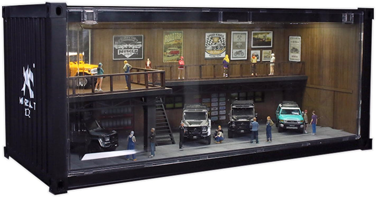 1/64 Scale Display Case with LED Light–Container Box Style Garage Diorama | Compatible with Hot Wheels Matchbox Mini GT Diecast Cars and Storage Stackable, for Model Car and Figures Display