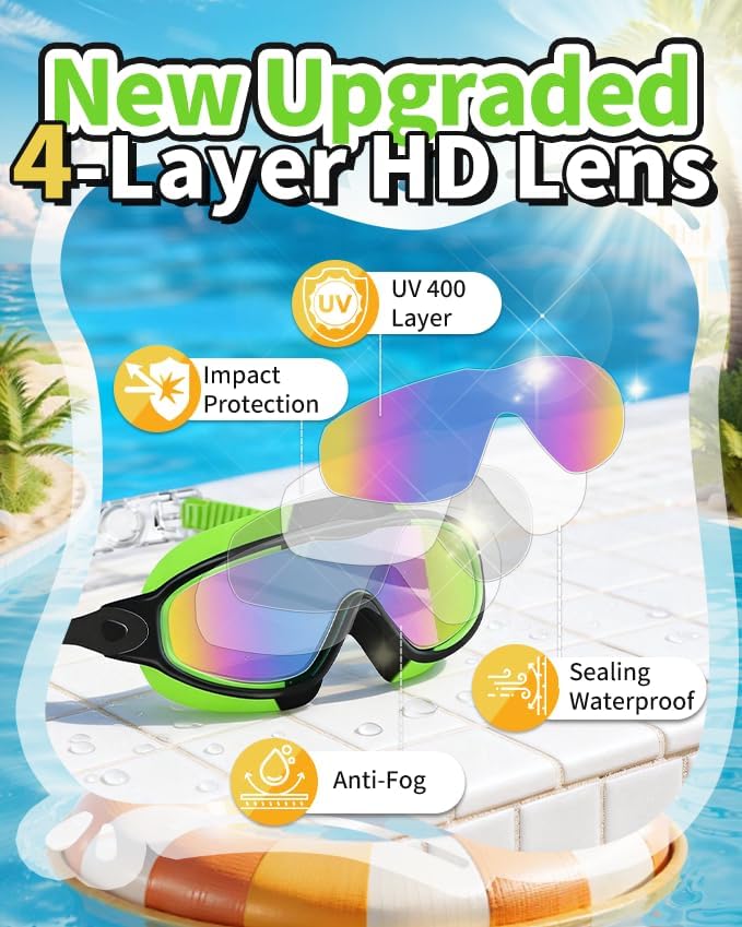 Skiennix Swim Goggles - Anti-Fog & UV Protection | Wide View, No Leakage, 2 Pack for Kids 3-15 with Earplugs