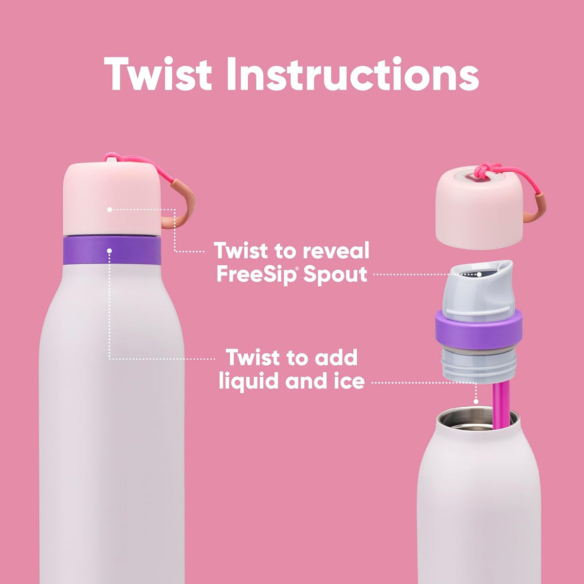 Owala FreeSip Twist Insulated Water Bottle - BPA-Free Stainless Steel with Straw, 24 oz, Pink/Purple