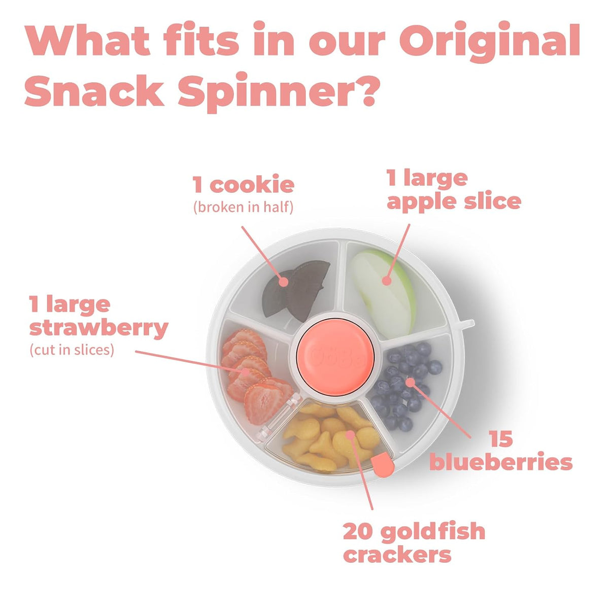 GoBe Kids Small Snack Spinner Flip Bundle with Hand Strap and Sticker Sheet - Reusable Snack Container with 5 Compartment Dispenser and Lid | BPA/PVC Free | Dishwasher Safe | No Spill - Coral Pink