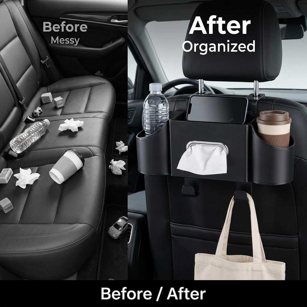 Back Seat Car Organizer, Nappa Leather Car Seat Organizer with Cup Holders and Tissue Box, Premium Hanging Storage Bag for SUV Truck Road Trip (Black)