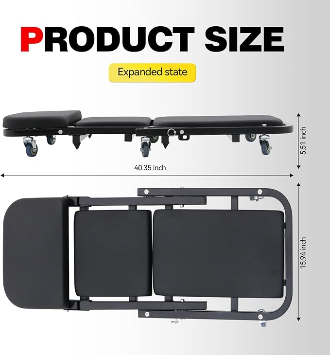 POLARBEAR Mechanic Creeper 40" Z Creeper Seat, 2 in 1 Rolling Folding Car Stool, Automotive Chair with 6 Mute Swivel Casters, Under Car Auto Repair for Man Gift 500 lbs Capacity Black