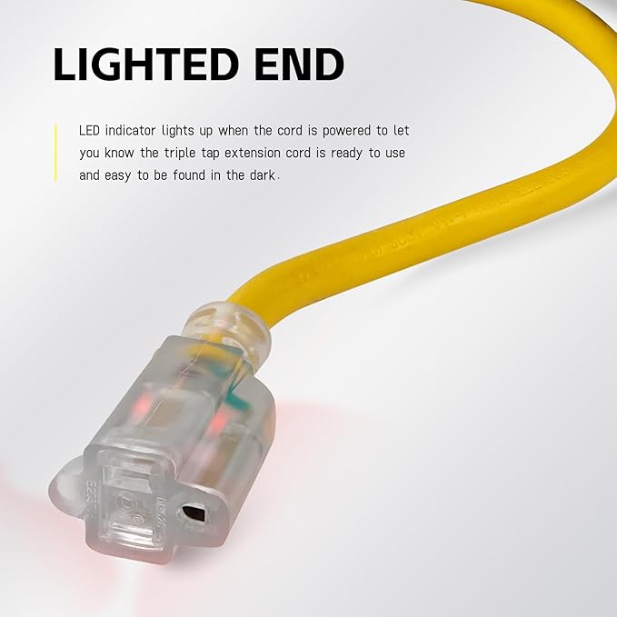 EP 15 ft Lighted Outdoor Extension Cord - 12/3 SJTW Heavy Duty Yellow Extension Cable with 3 Prong Grounded Plug - 15AMP Power Cord for Lawn, Garden, Appliances
